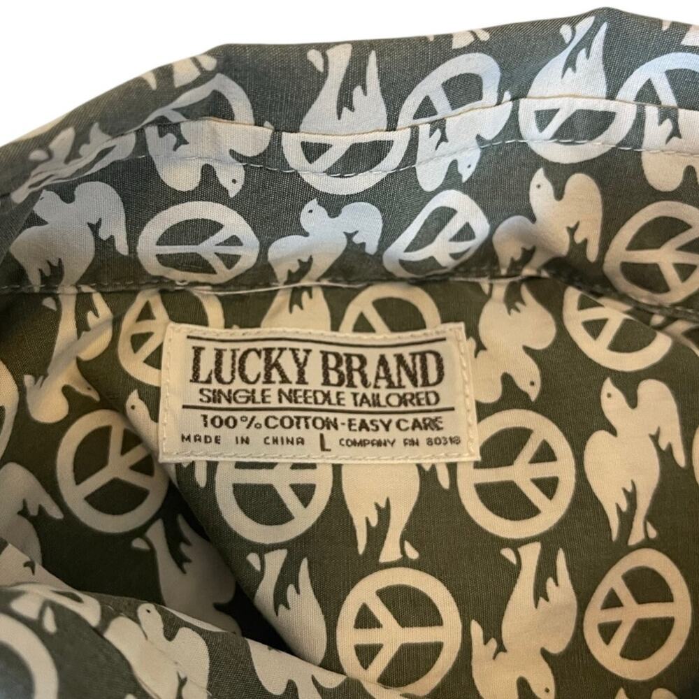 VTG Y2K Lucky Brand Men Shirt Peace Sign & Dove AOP Size Large Indie Boho Retro - Picture 7 of 9